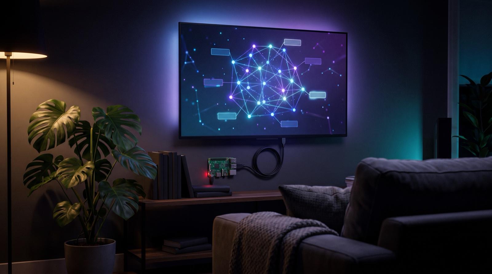 Illustration: a living room TV showing a glowing map of connected notes, with a small Pi behind it