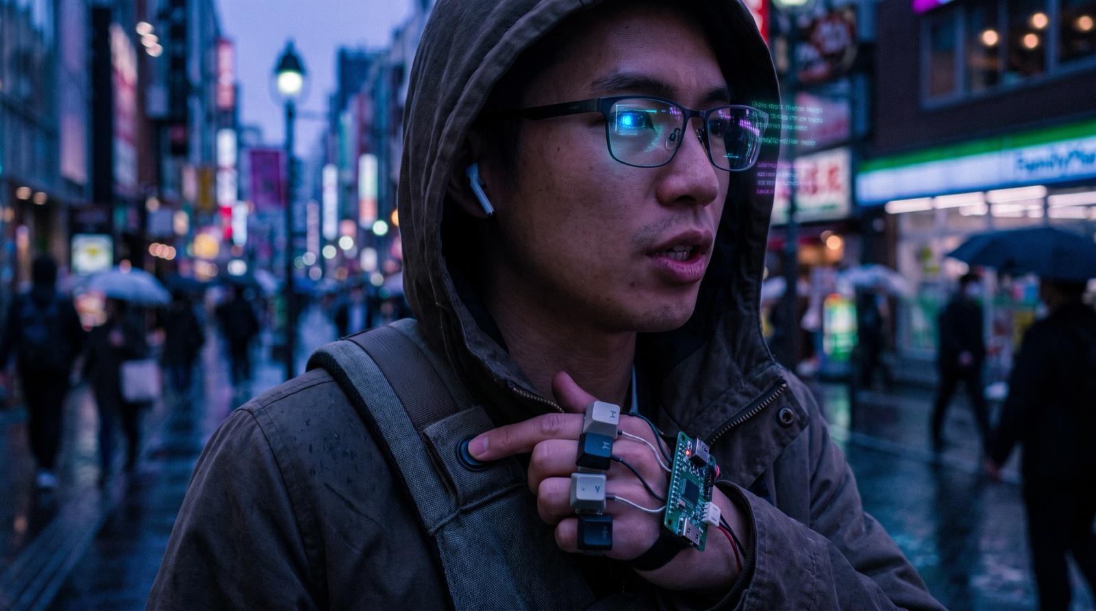 Illustration: a person in a city at dusk wearing display glasses and earbuds, pressing a key on a sling to talk