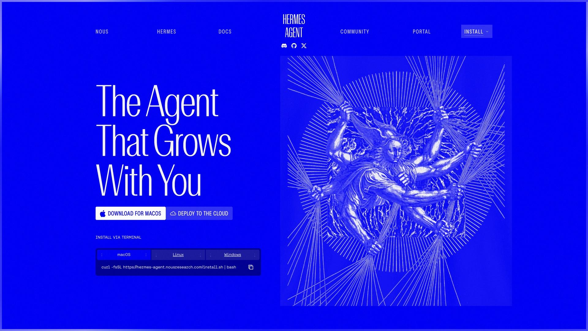 Screenshot of the official Hermes Agent homepage at hermes-agent.nousresearch.com