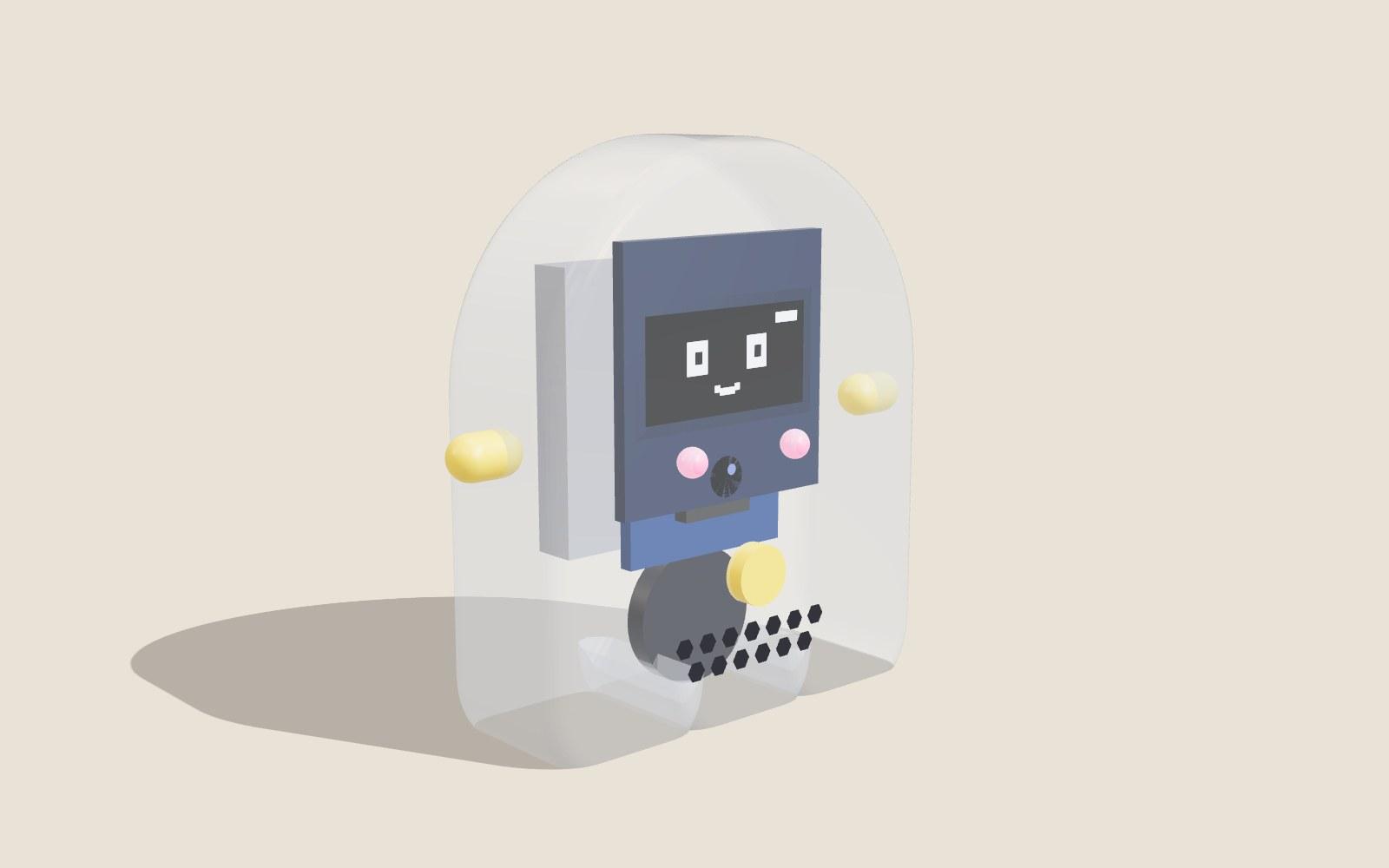3D illustration of the ghost companion case: a clear dome-headed figure on three rounded feet, with the screen showing a pixel face, pink cheek lights, a camera eye, yellow side buttons as arms, a yellow belly button and a hexagonal speaker grille, the battery and circuit boards visible through the plastic
