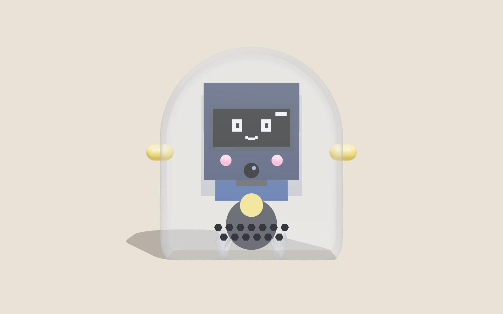 Front view of the clear ghost case: the OLED face high in the dome, two pink cheek lights and the camera eye beneath it, TALK and MARK buttons poking out of the sides, APPROVE as a belly button and the hex speaker grille above the feet