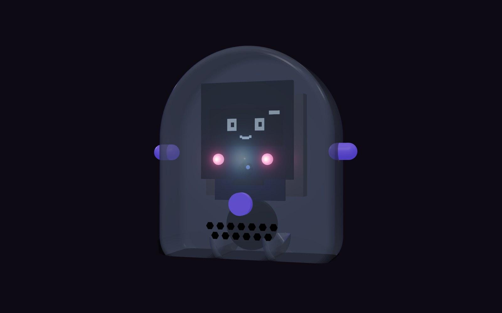 The ghost companion in the dark, its screen glowing with a pixel face, its cheek lights lit pink and its buttons glowing violet through the clear shell