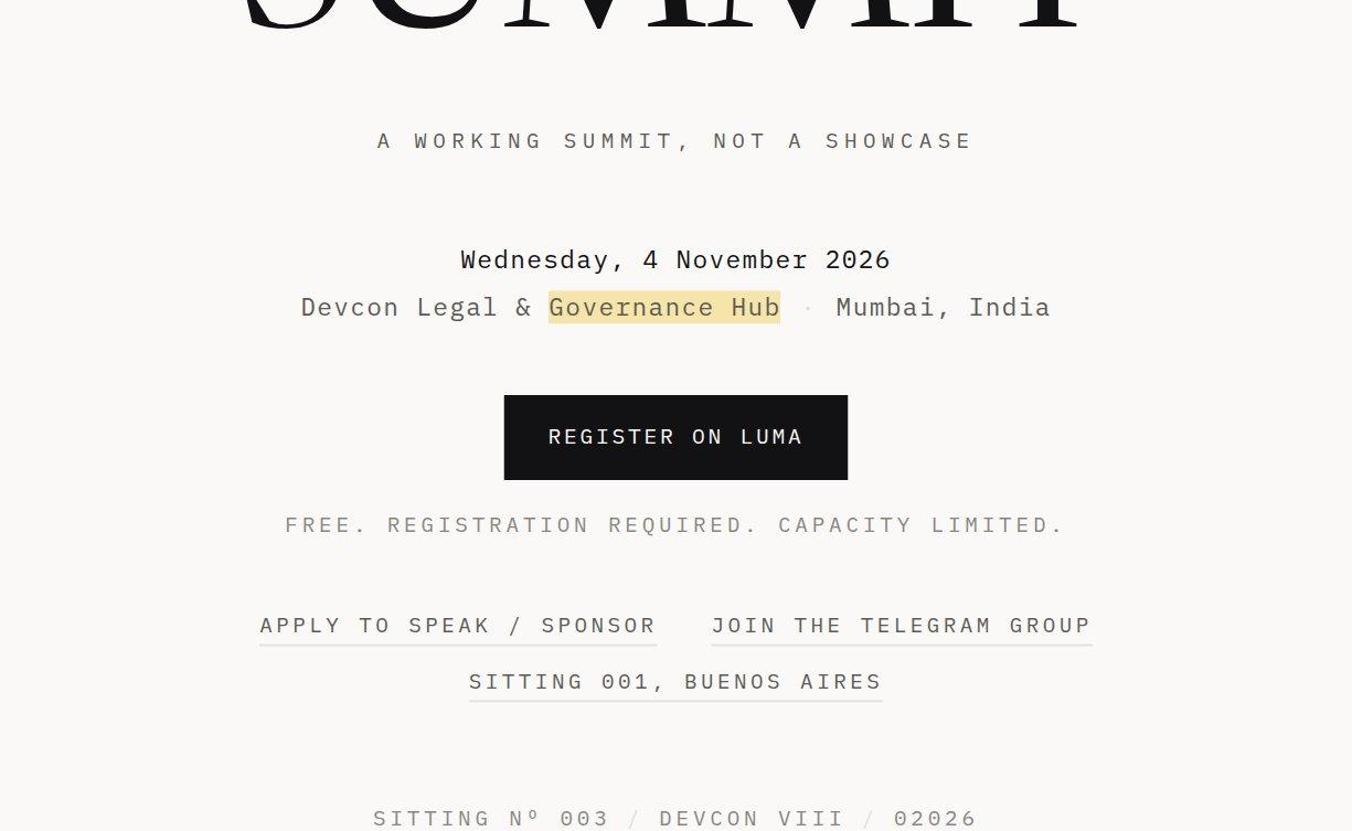 The Entity Onchain Legal Summit website showing the date, Wednesday 4 November 2026, the Devcon Legal and Governance Hub in Mumbai, and the tagline a working summit, not a showcase