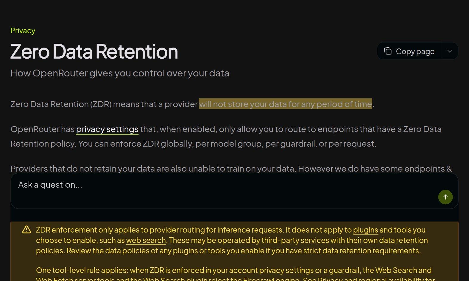 OpenRouter's Zero Data Retention documentation with the definition highlighted: a provider will not store your data for any period of time