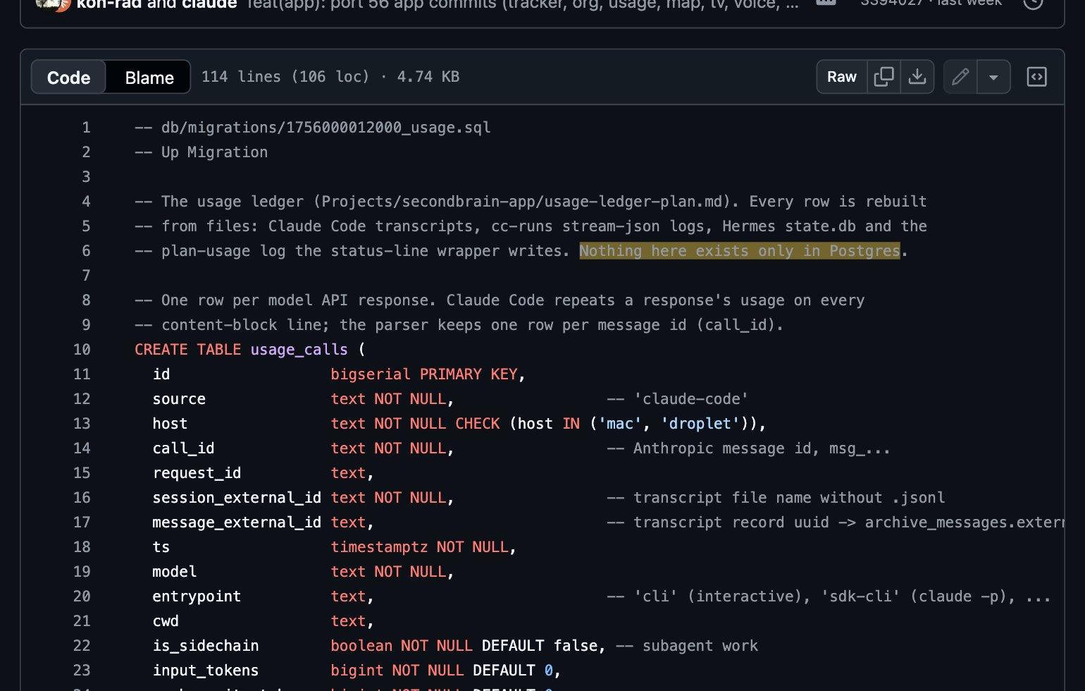The first usage migration in the Second Brain repository on GitHub, with the comment saying nothing in the ledger exists only in Postgres highlighted