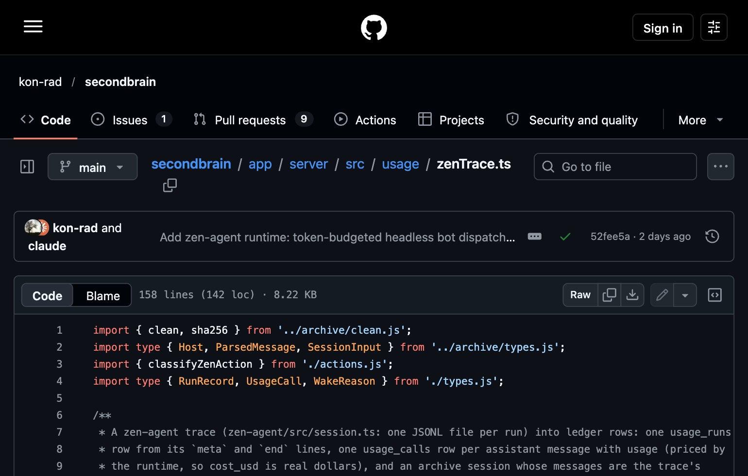 The zen-agent trace parser on GitHub with the comment saying the trace is the contract between the two packages highlighted