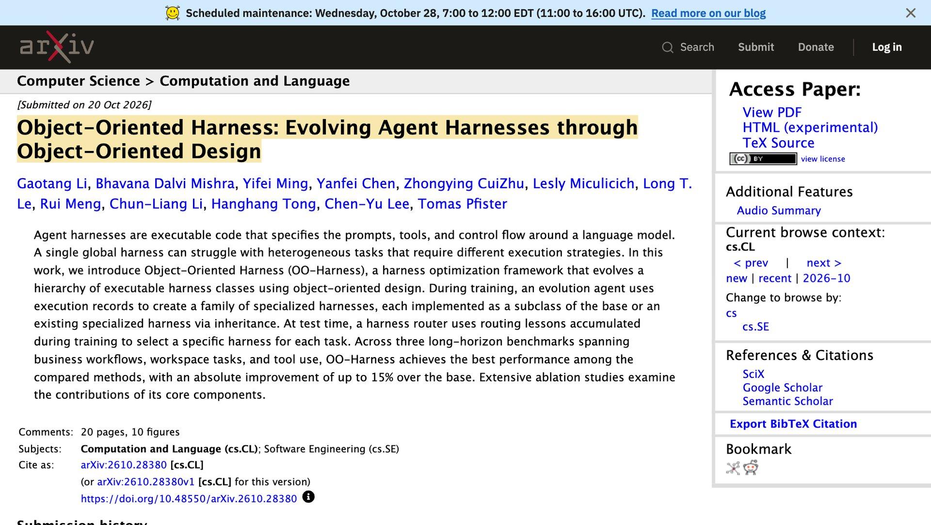 The arXiv abstract page for OO-Harness, its title highlighted: Object-Oriented Harness, Evolving Agent Harnesses through Object-Oriented Design