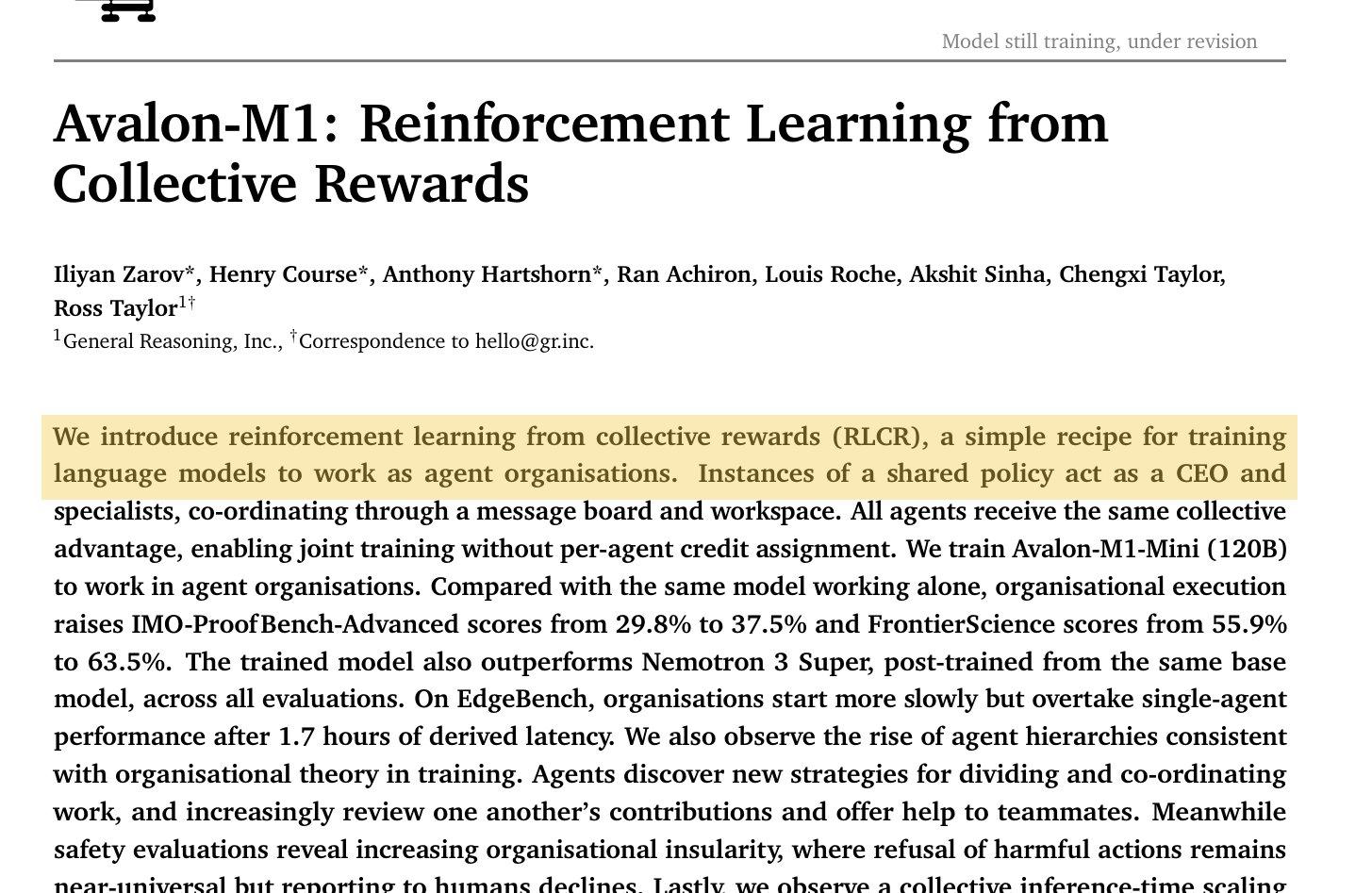 Page one of the Avalon-M1 report with the opening sentence introducing reinforcement learning from collective rewards highlighted