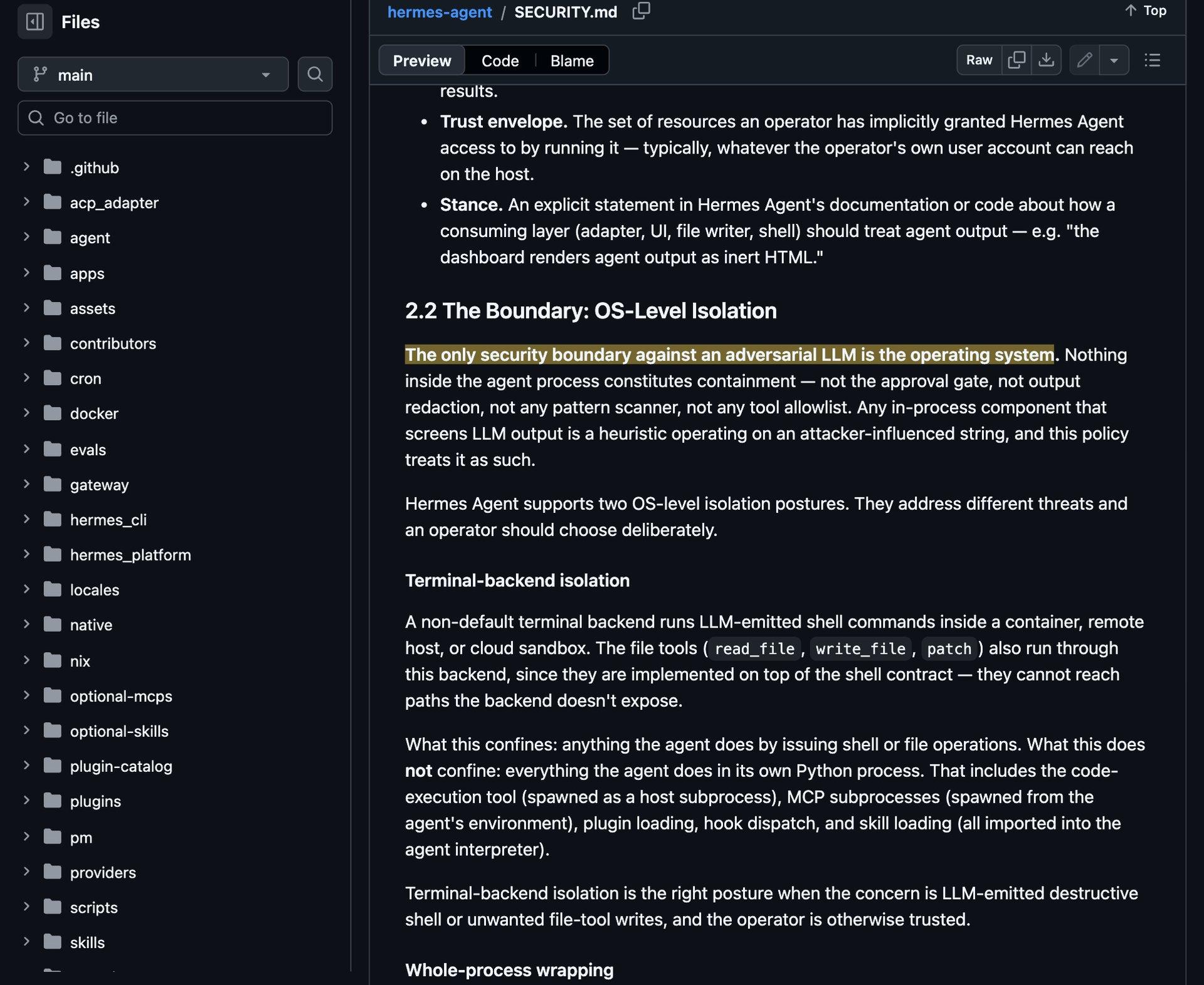 Hermes Agent's SECURITY.md on GitHub, with the sentence naming the operating system as the only real boundary