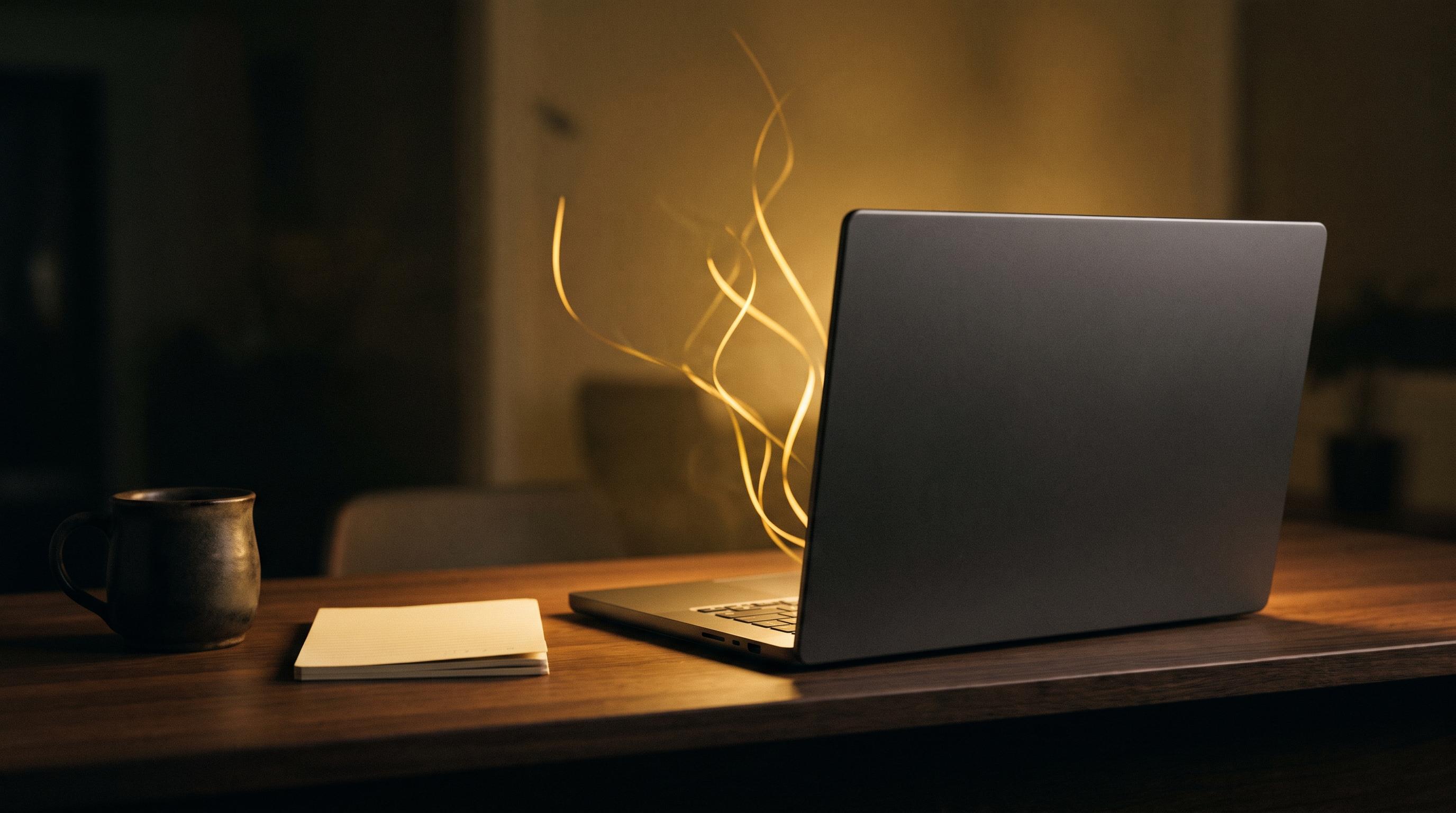 A warm desk at night, a laptop glowing softly while sound seems to rise from it
