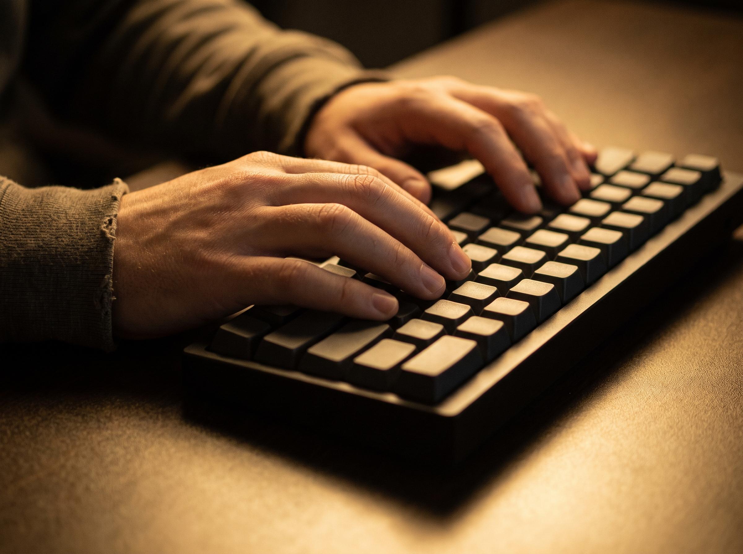Hands on a dark keyboard in warm, low light