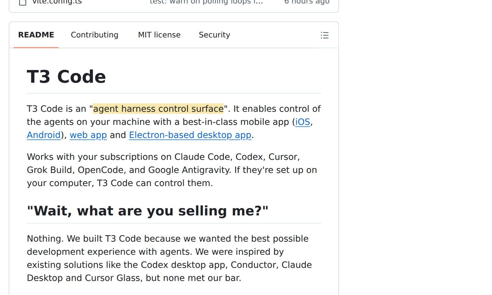 The T3 Code README on GitHub, with the line calling it an agent harness control surface highlighted