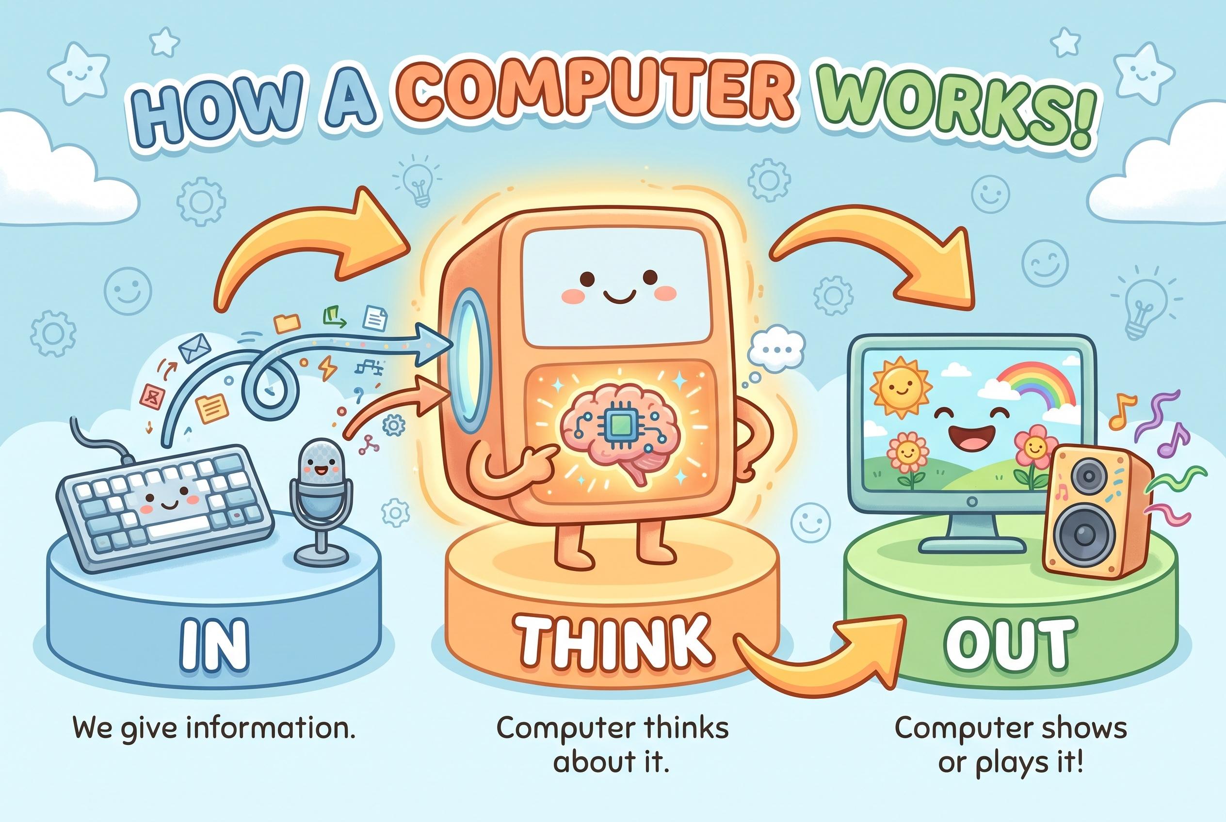 A three-step infographic: IN (keyboard, microphone) then THINK (a computer with a glowing brain) then OUT (screen and speaker).